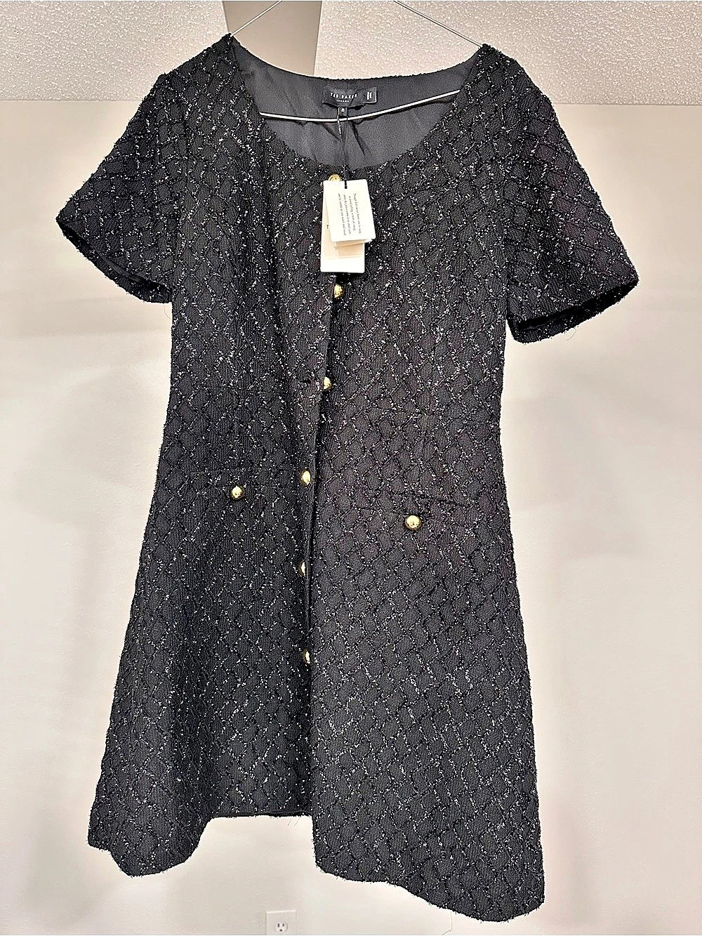 Ted Baker London Black Sequin Plaid Tweed Minidress with Gold Buttons – Size 8